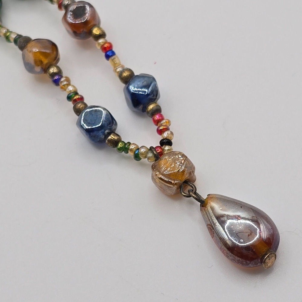 Vintage Glass Beaded Teardrop‎ Necklace Womens Multi Color Boho Eclectic